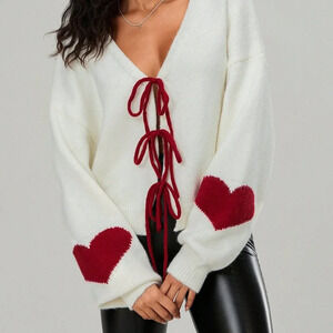 Red Casual Women's Cardigan Heart Pattern Tie-Up Front Long Sleeve Knit Sweater